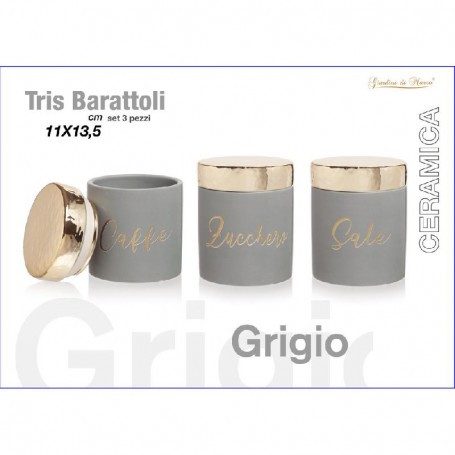 TRIS BARATTOLI CERAMICA GRIGIO TAPPO ORO